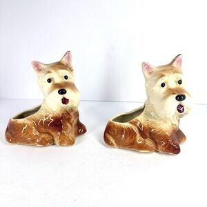 Vintage Terrier Dog Ceramic Planters Set of 2 Scottie Westie Style Figurine Pots